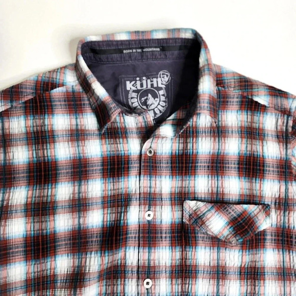 Kuhl Button Short Sleeve Shirt Size Small Linen Cotton Blend Orange White Plaid - Picture 3 of 7